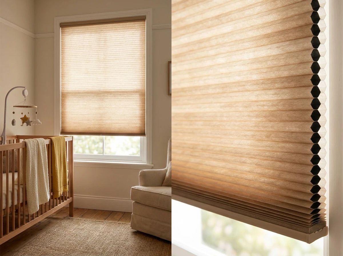 Cellular honeycomb blind on a nursery window in a Bellville family home