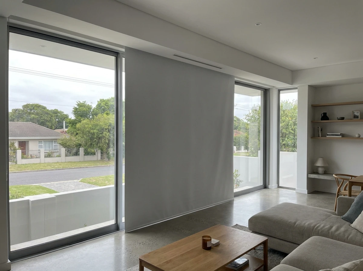 Roller blind concealed within a ceiling pelmet recess in an architect-renovated open-plan Bellville lounge