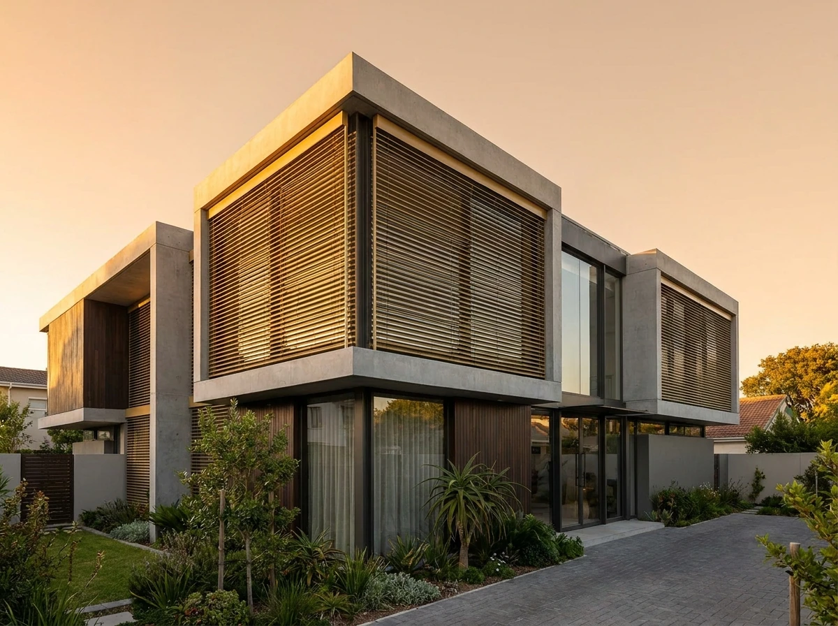 Wide aluminium external venetian blinds mounted on the facade of a contemporary double-storey Bellville home