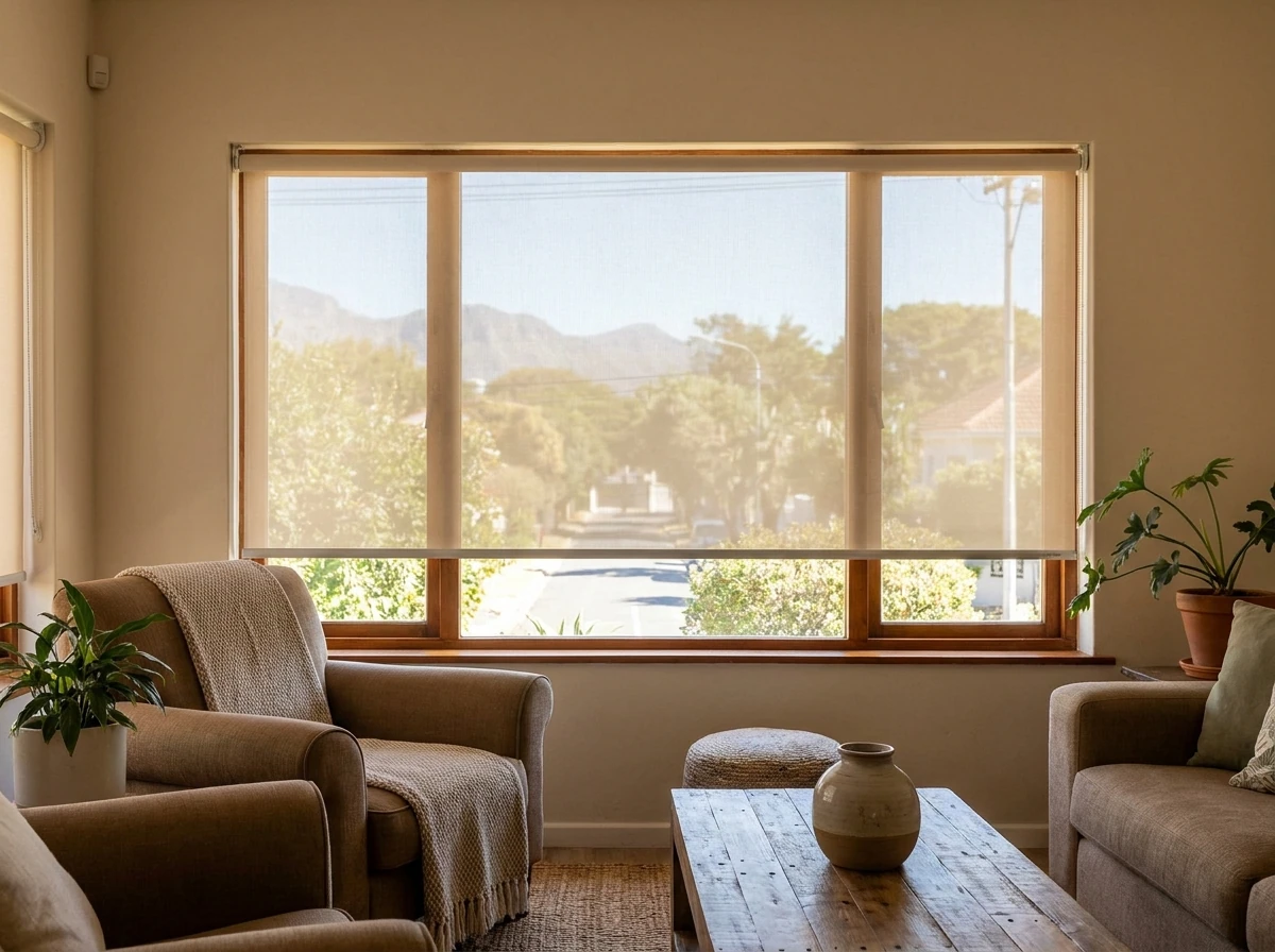 Sunscreen roller blind on a wide living-room window in an established Bellville home