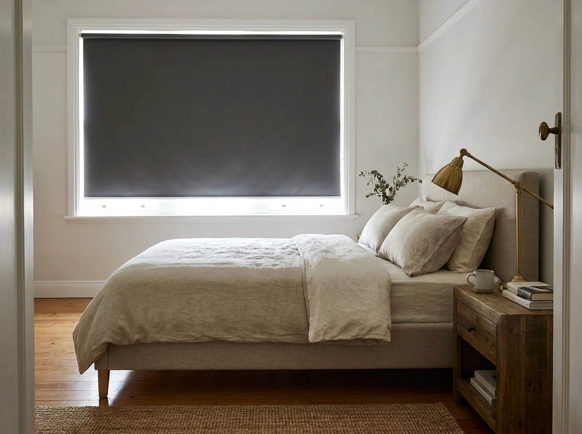 Bellville bedroom with a charcoal blockout roller blind fully lowered over a wide window
