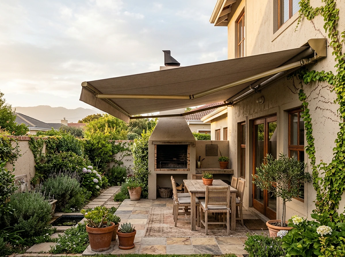 Folding-arm awning extended over an entertaining patio and built-in braai area of a Bellville home