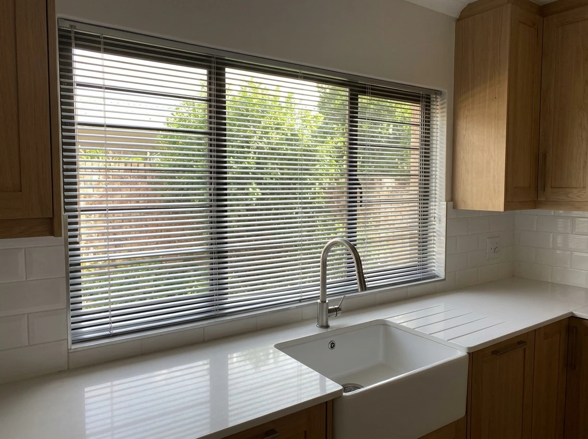 Aluminium venetian blind tilted open above a kitchen sink window in an established Bellville home